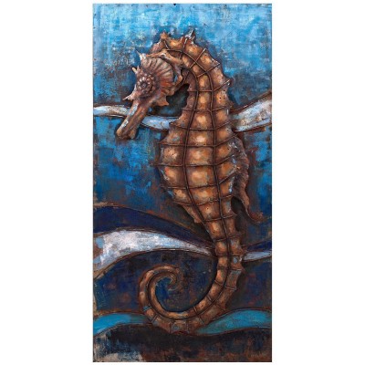 Large Marine Seahorse Layered Metal Wall Sculpture On Blue Painting Décor 47.25" 689740701592  302303199022